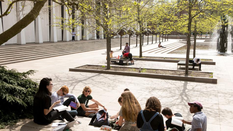 Students gather by a fountain