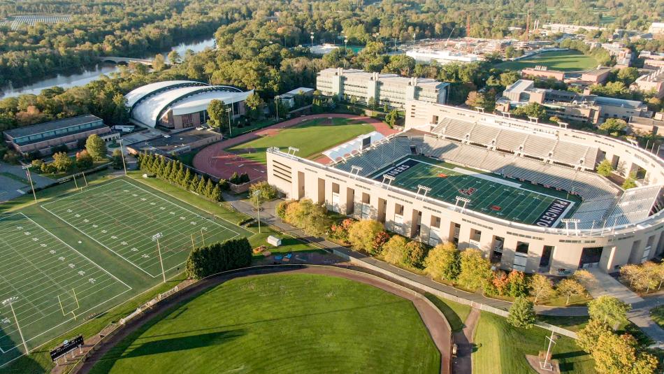 Birdseye view of the football stadium and surrounding fields