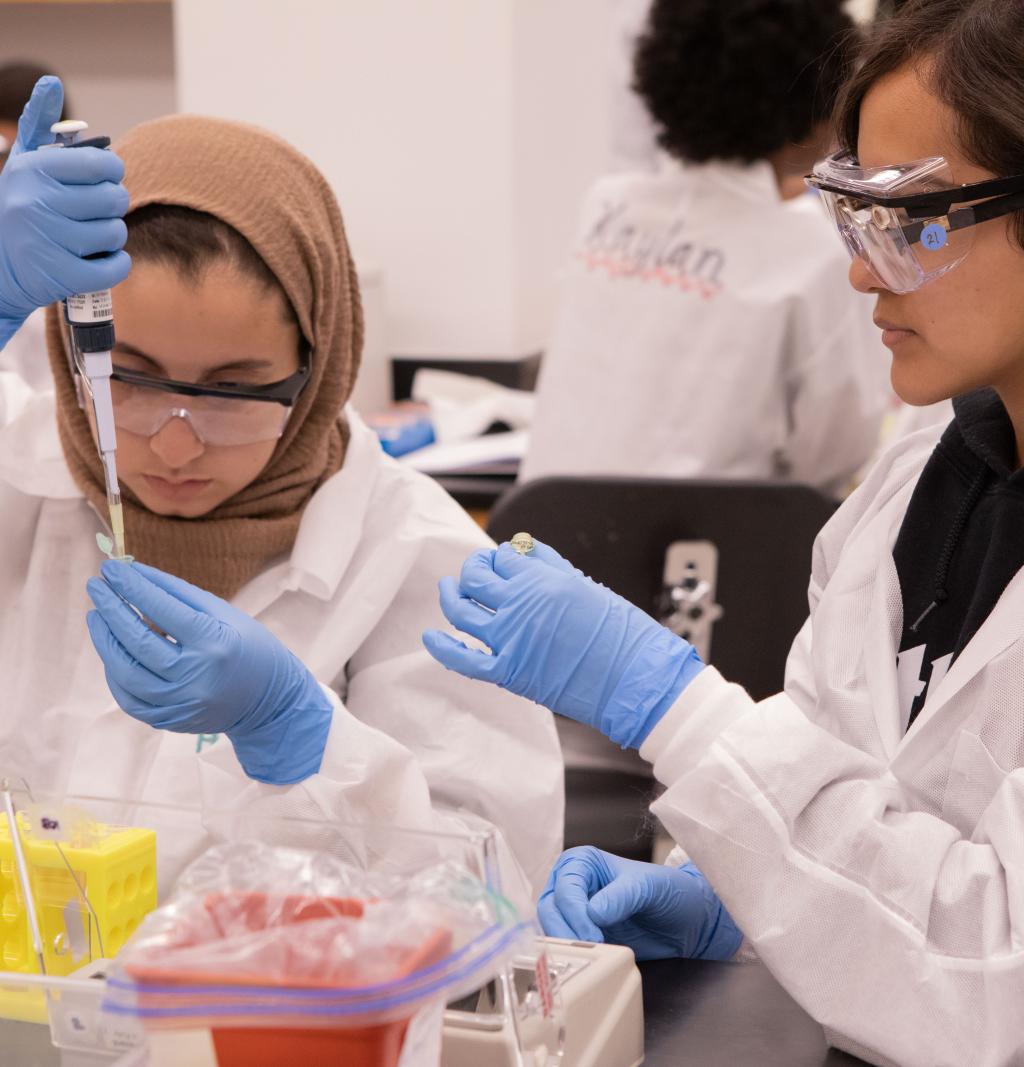 Students wearing lab coats working in a lab