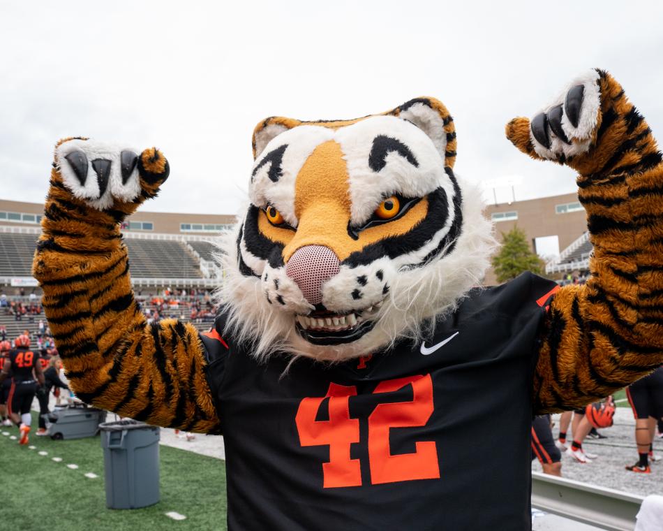 The Princeton Tiger mascot posing with its arms up at a homecoming game.