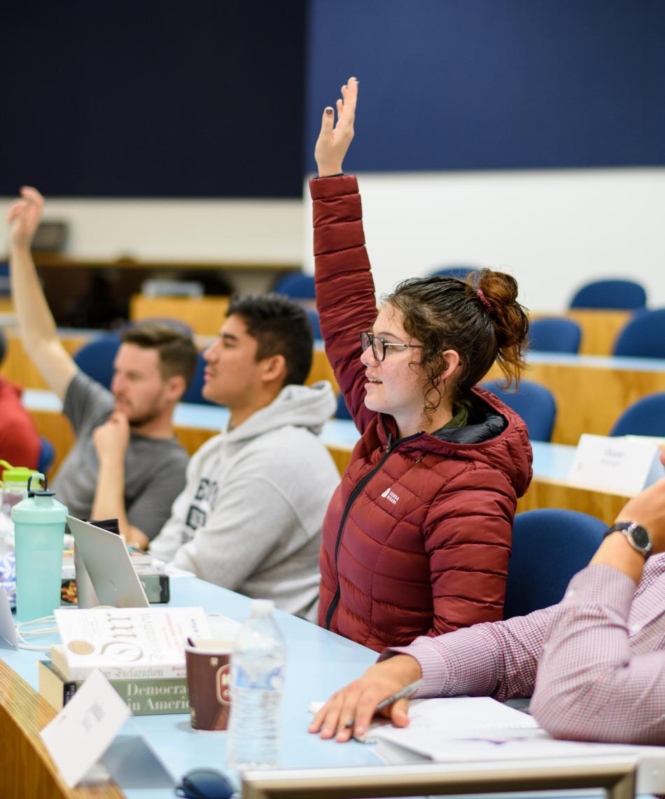 Student raising hand in classroom