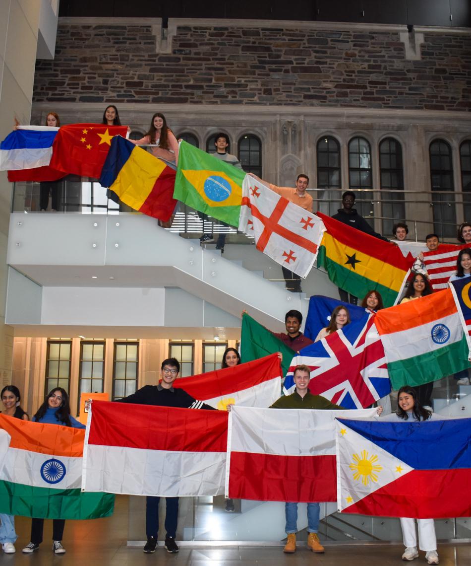 Students holding flags
