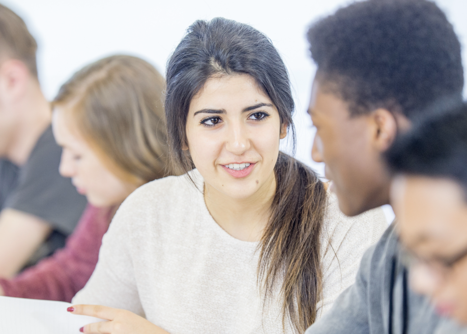 Student talking with another student
